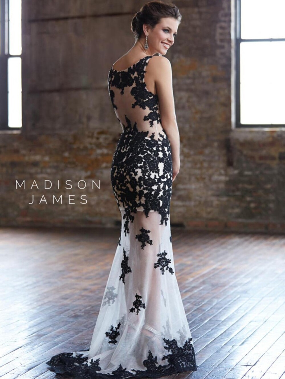 Madison James Black and Nude Floral Lace Illusion Mermaid Gown - Picture 4 of 10